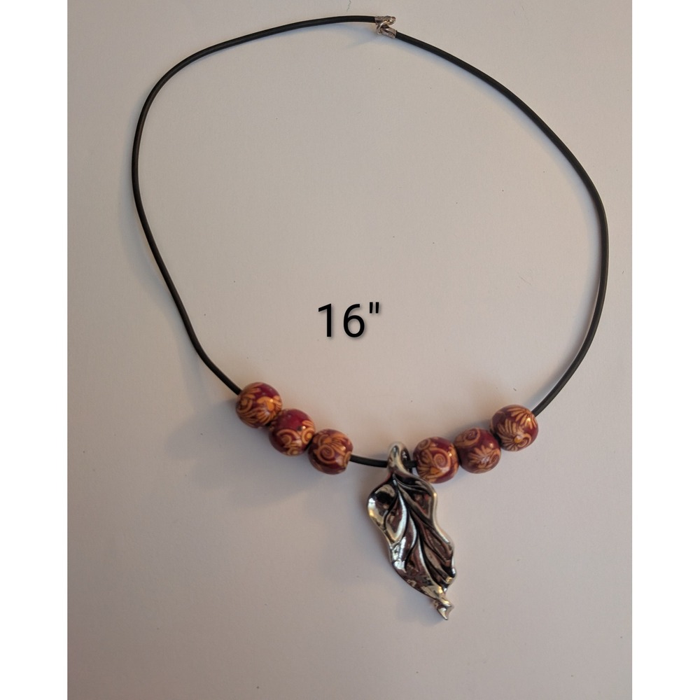 Bohemian Silver Leaf Pendant Necklace‎ Red Patterned Beads Black Cord 16 Inch